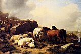 Horses And Sheep By The Coast by Eugene Verboeckhoven